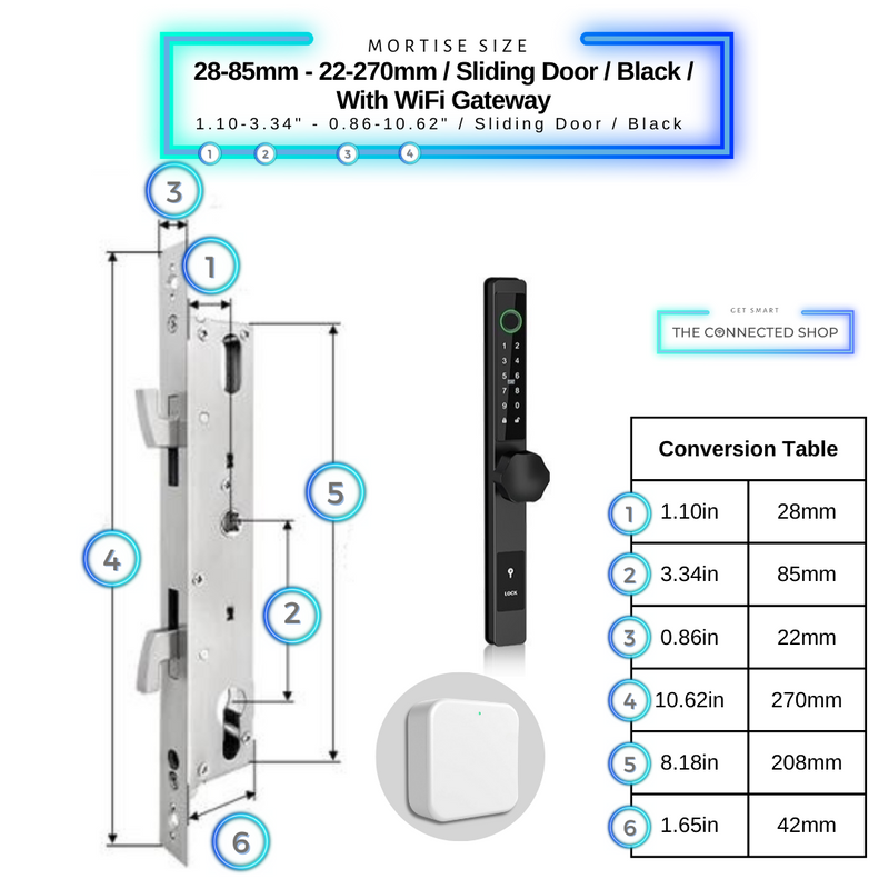 Smart Door Lock Thin - 28-85mm (22x270mm) Sliding Door - Black - With WiFi Gateway