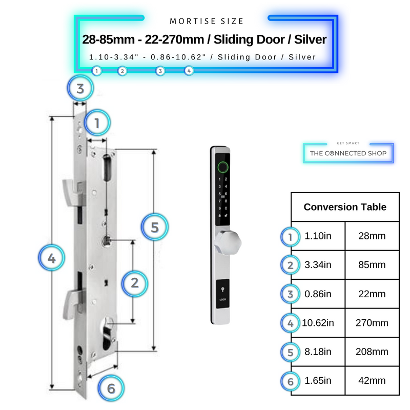 Smart Door Lock Thin - 28-85mm (22x270mm) Sliding Door - Silver - No WiFi Gateway