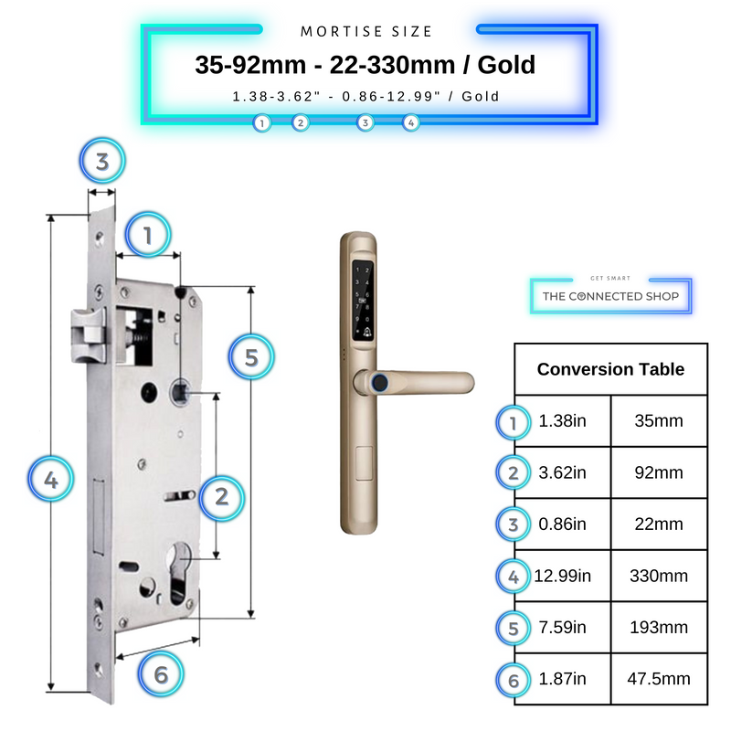 Smart Door Lock Slim - 35-92mm (22x330mm) - Gold -