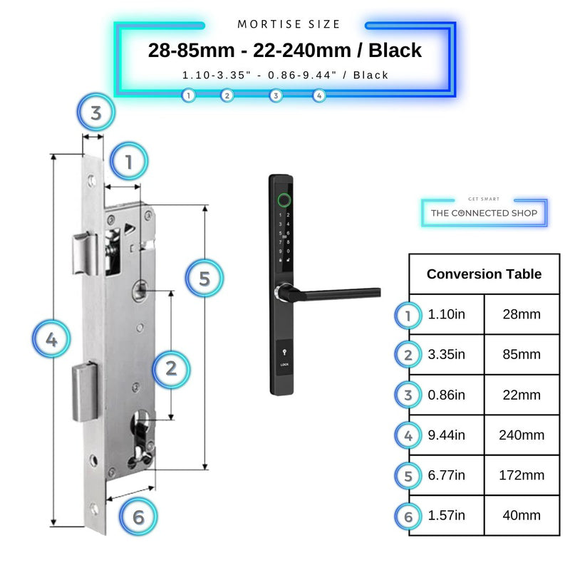 Sliding Door Smart Door Lock - 28-85mm (22x240mm) - Black - No WiFi Gateway