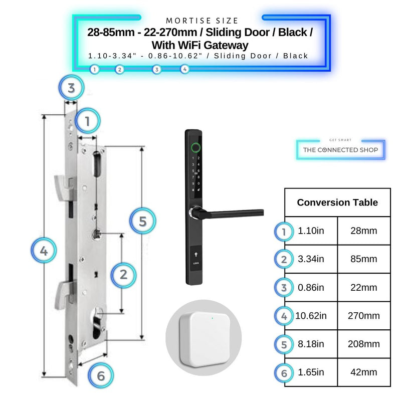 Sliding Door Smart Door Lock - 28-85mm (22x270mm) Sliding Door - Black - With WiFi Gateway