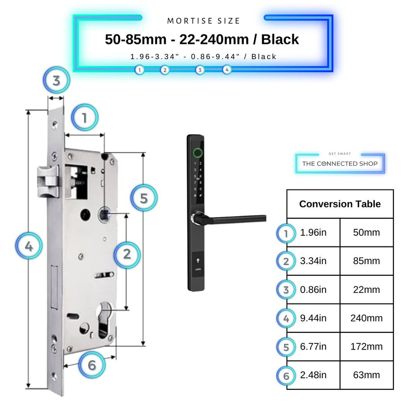 Sliding Door Smart Door Lock - 50-85mm (22x240mm) - Black - No WiFi Gateway