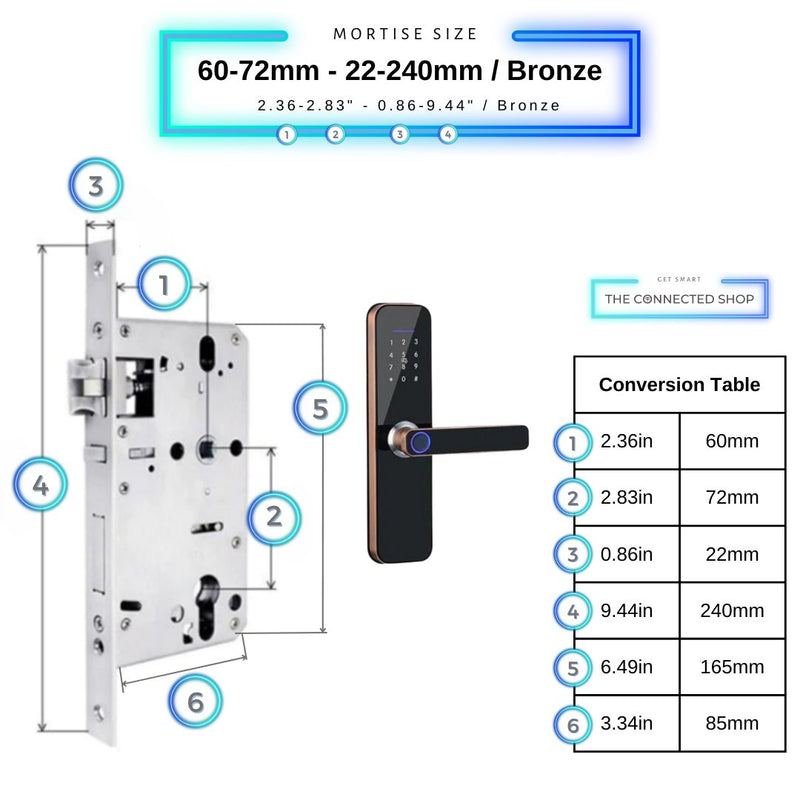 Smart Door Lock - 60-72mm (22x240mm) - Bronze -