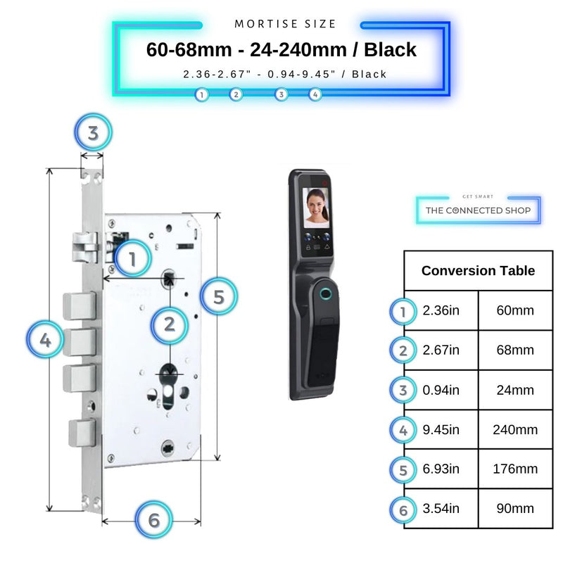 Smart Door Lock Face Recognition Dual Screen - Black - 60-68mm (24x240mm) -