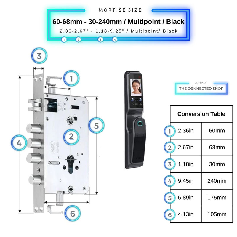 Smart Door Lock Face Recognition Dual Screen - Black - 60-68mm (30x240mm) Multipoint -