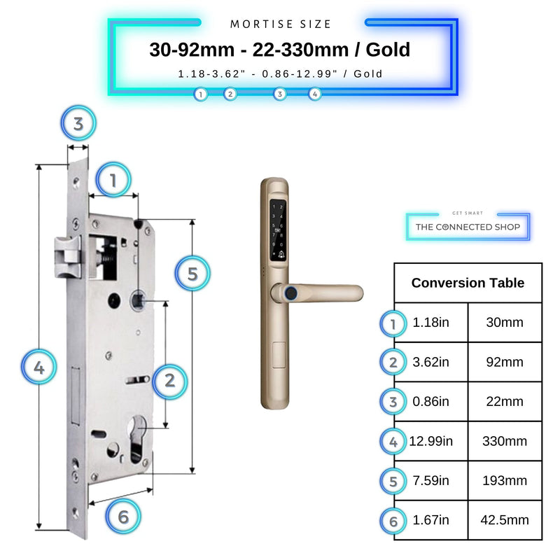 Smart Door Lock Slim - 30-92mm (22x330mm) - Gold -