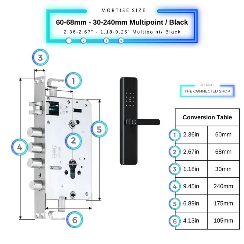 Smart Door Lock Thick - 60-68mm (30x240mm) Multipoint - Black - No WiFi Gateway