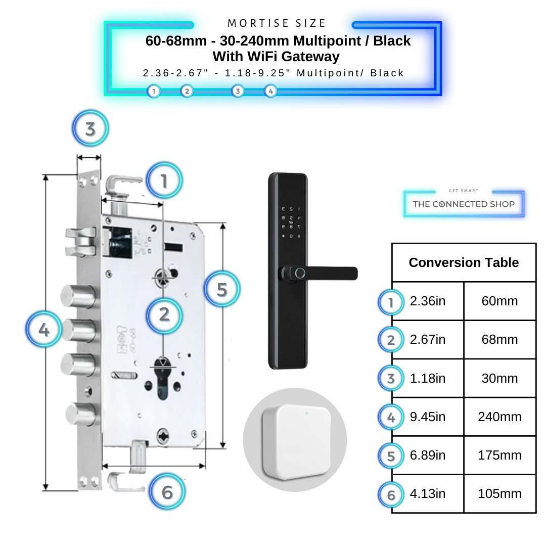 Smart Door Lock Thick - 60-68mm (30x240mm) Multipoint - Black - With WiFi Gateway