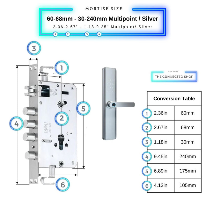 Smart Door Lock Thick - 60-68mm (30x240mm) Multipoint - Silver - No WiFi Gateway