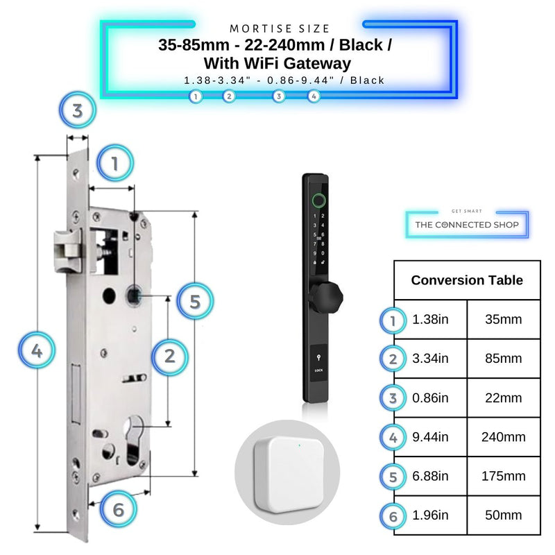 Smart Door Lock Thin - 35-85mm (22x240mm) - Black - With WiFi Gateway