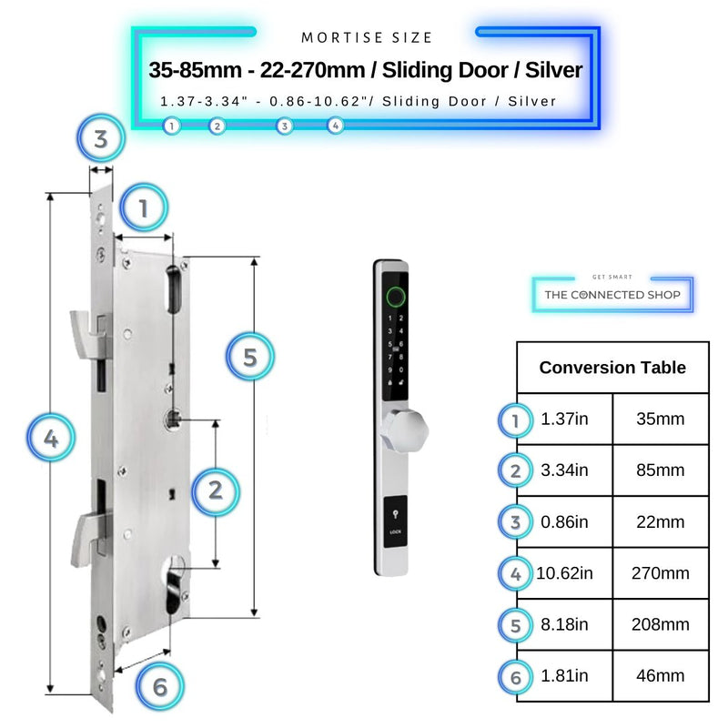 Smart Door Lock Thin - 35-85mm (22x270mm) Sliding Door - Silver - No WiFi Gateway