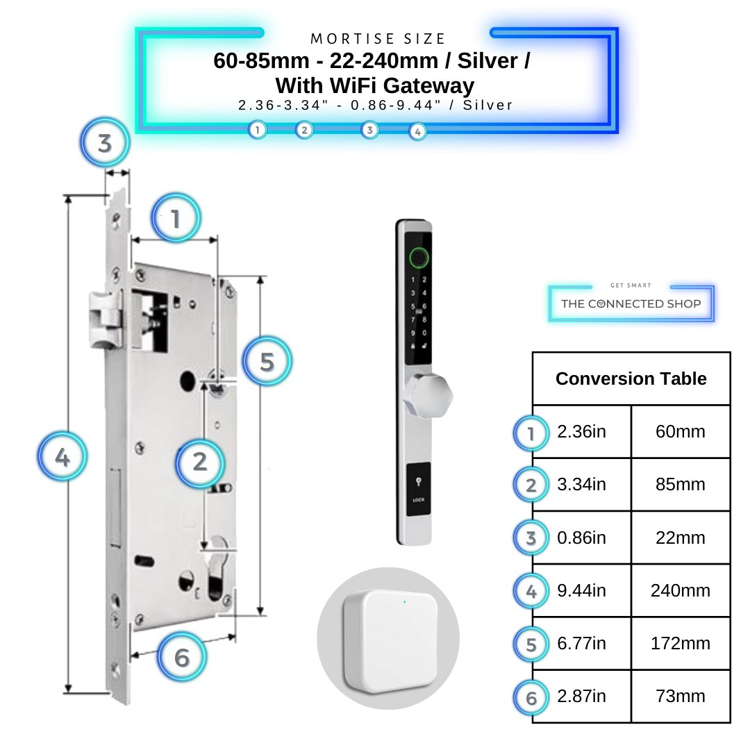 Smart Door Lock Thin - 60-85mm (22x240mm) - Silver - With WiFi Gateway