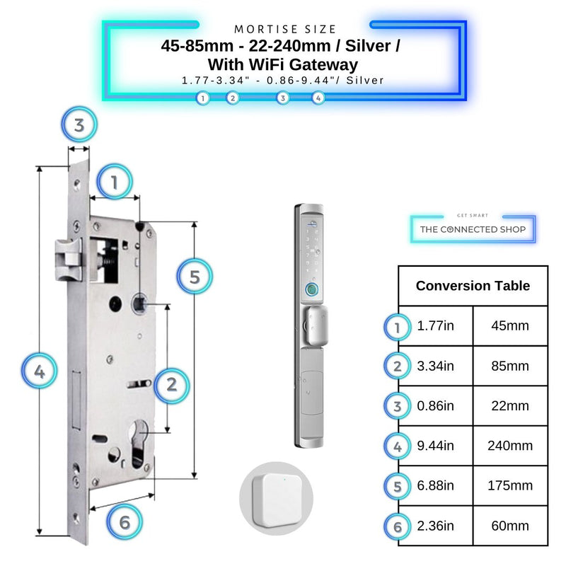 Swing Door Smart Lock Knob - 45-85mm (22x240mm) - Silver - With Gateway