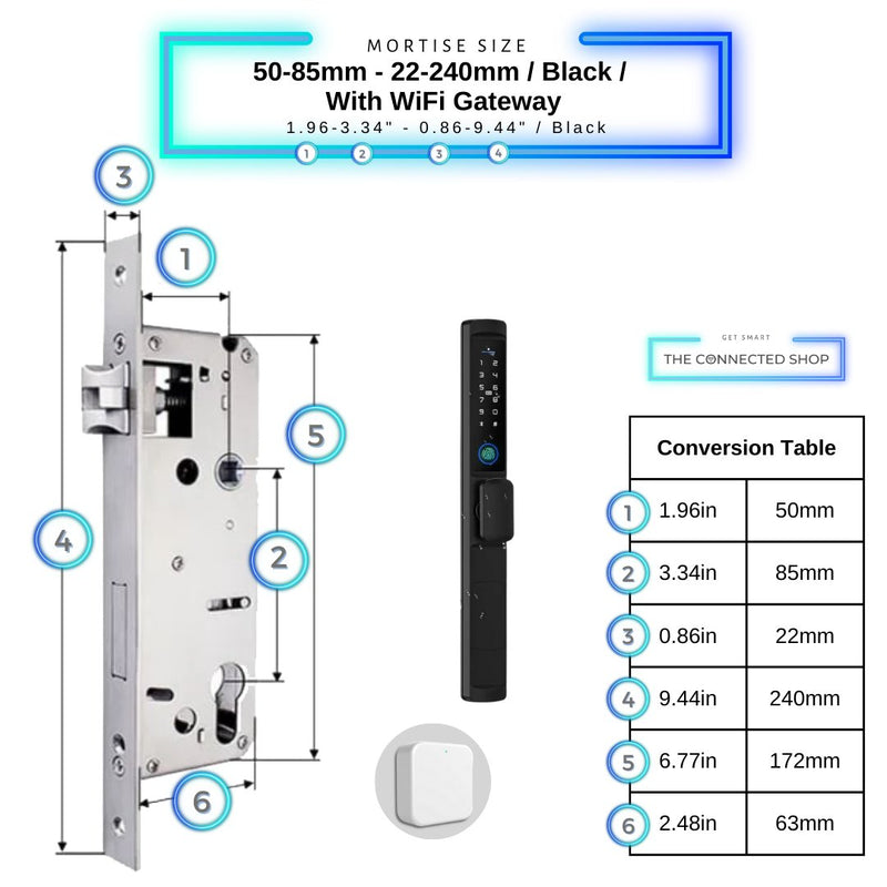 Swing Door Smart Lock Knob - 50-85mm (22x240mm) - Black - With Gateway