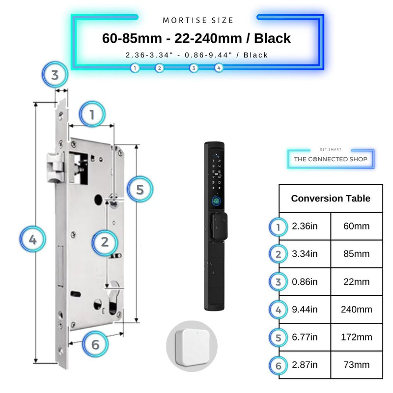 Swing Door Smart Lock Knob - 60-85mm (22x240mm) - Black - With Gateway