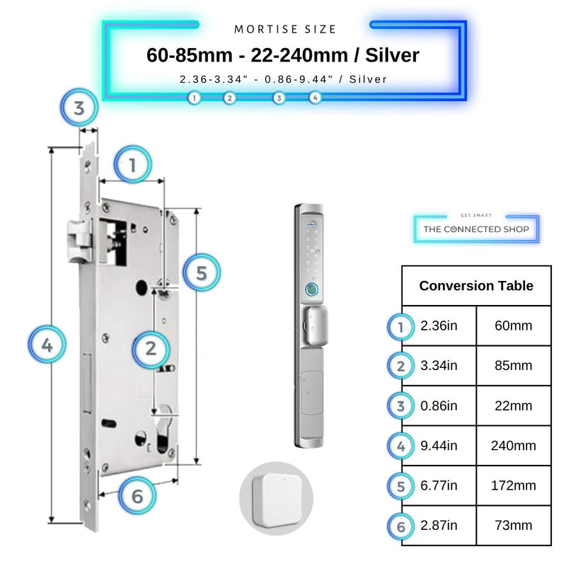 Swing Door Smart Lock Knob - 60-85mm (22x240mm) - Silver - With Gateway