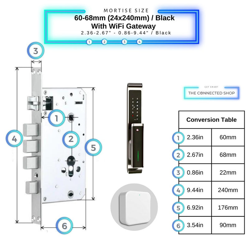 Video Smart Door Lock - Black - 60-68mm (24x240mm) - With WiFi Gateway