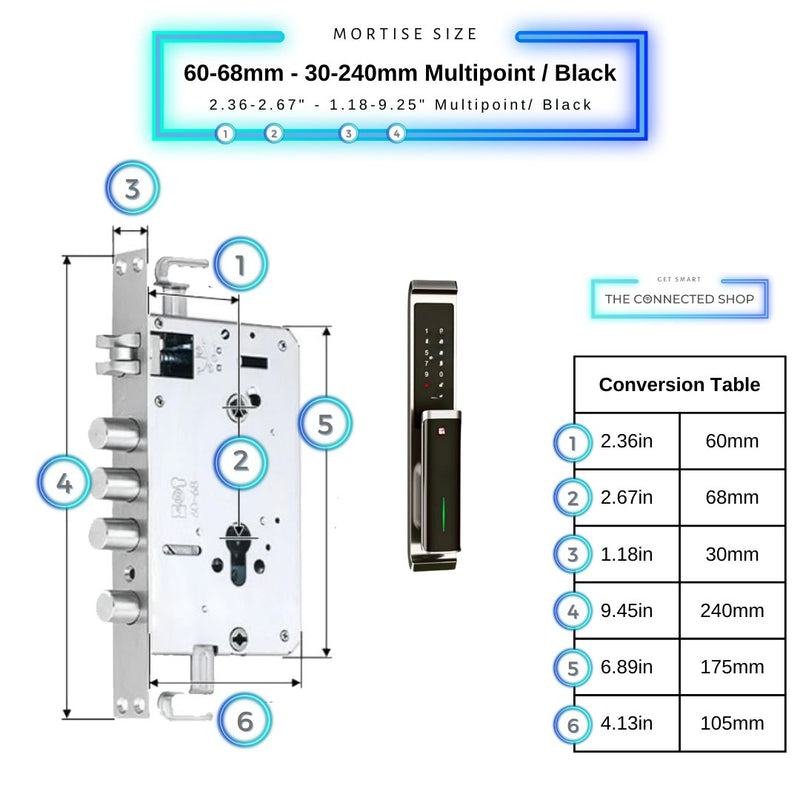 Video Smart Door Lock - Black - 60-68mm (30x240mm) - No WiFi Gateway